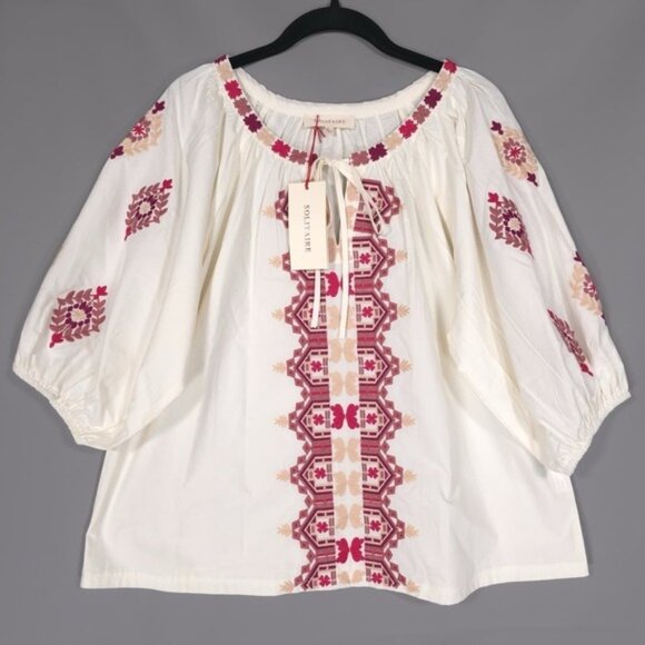 NWT Anthropologie SOLITAIRE LARGE Cream Embroidered Top Hand-Made by Artisans - Picture 2 of 11